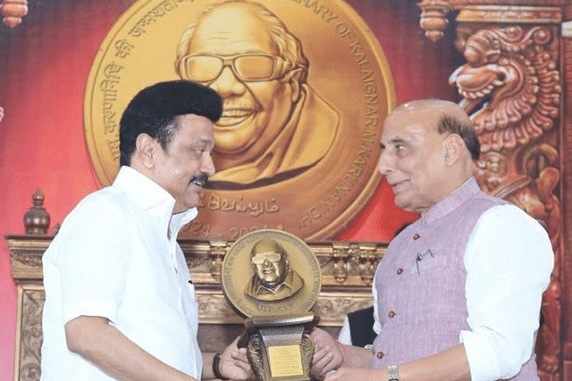 Tamil Nadu Chief Minister M K Stalin with Defence Minister Rajnath Singh.